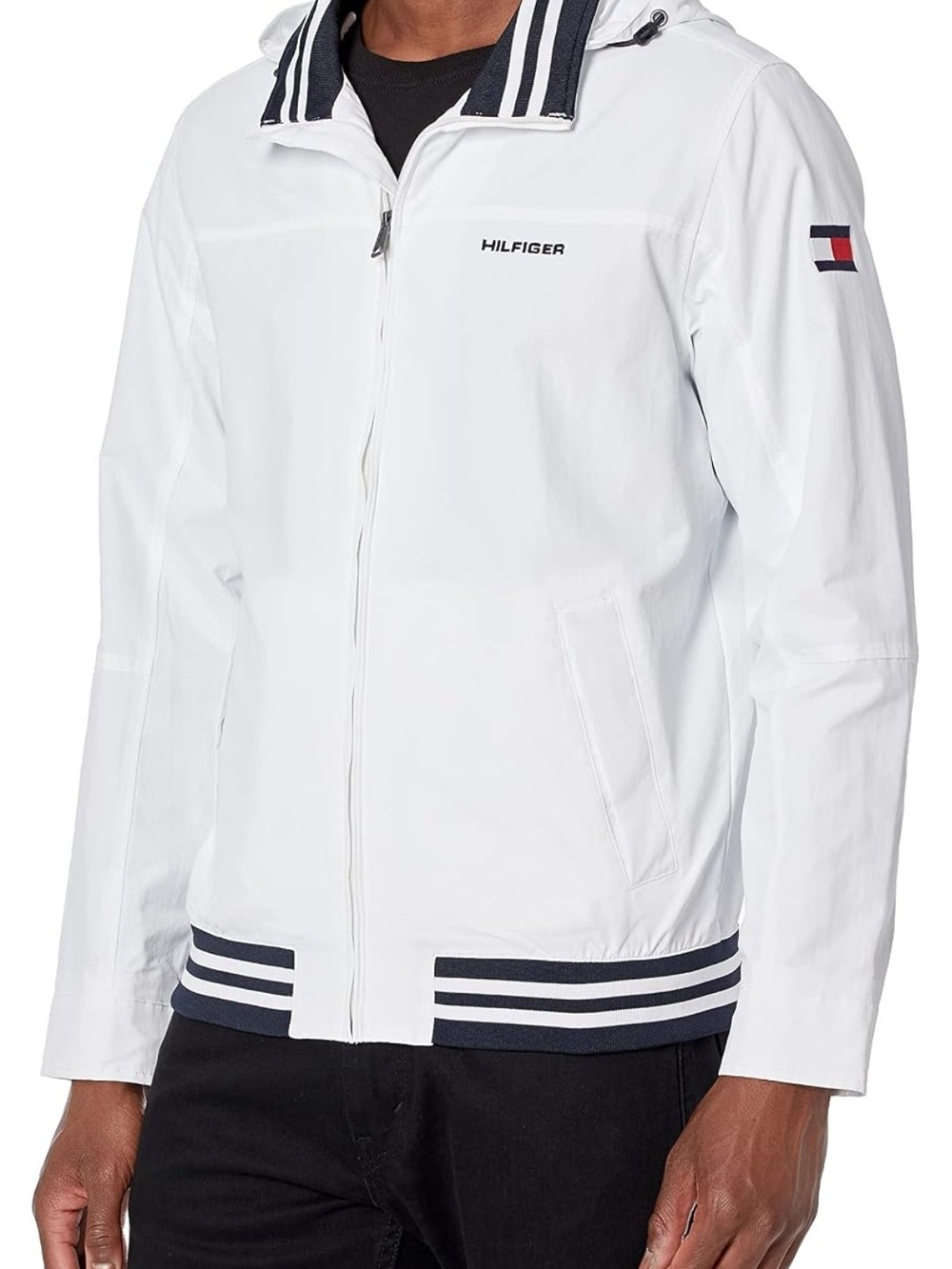 Tommy Hilfiger White Bomber Jacket with Navy Stripe Trim